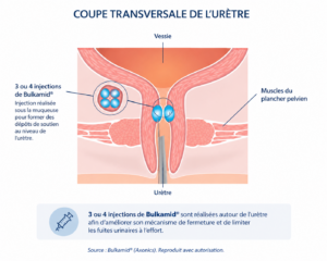 Schéma anatomique illustrant les injections de Bulkamid® autour de l'urètre pour le traitement de l'incontinence urinaire d'effort chez la femme.